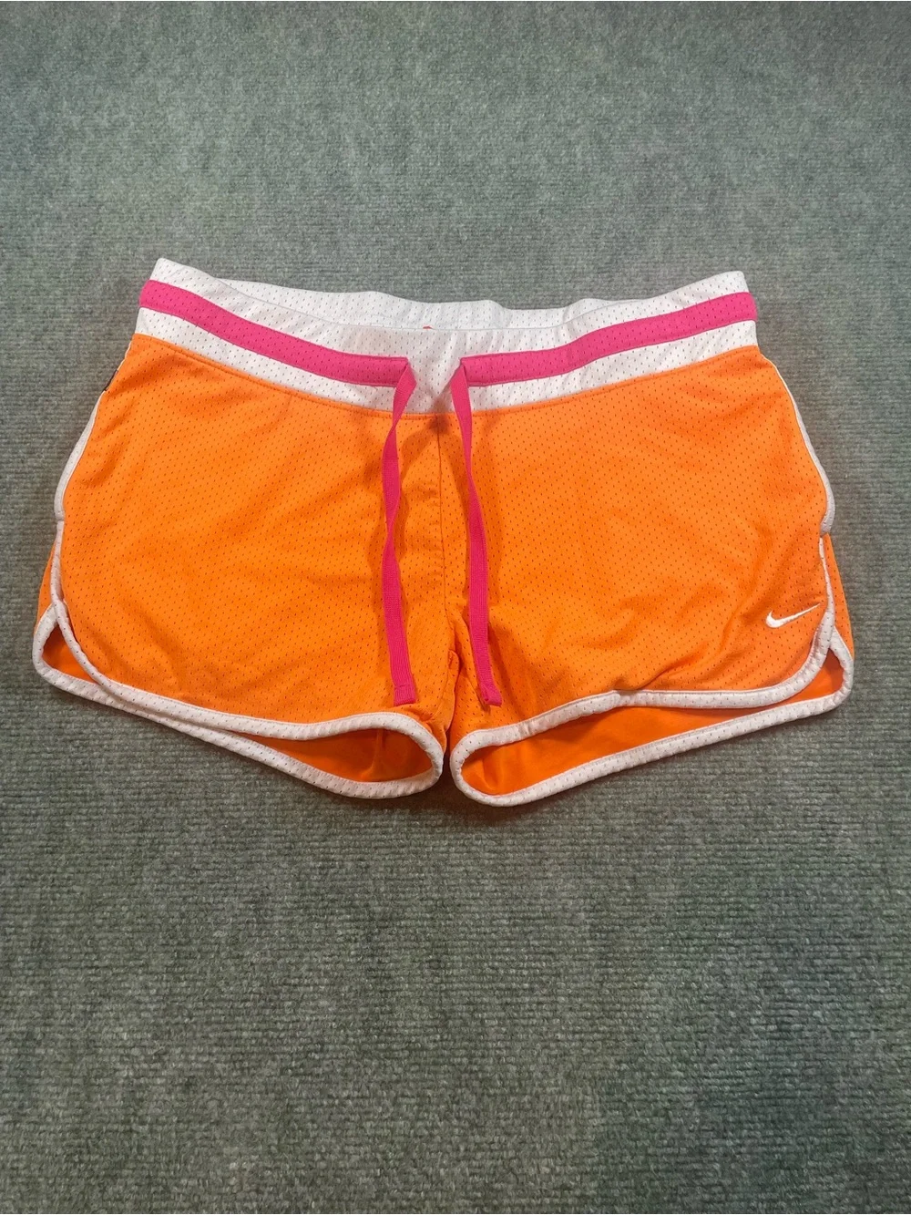 Nike Women's Orange Mesh Athletic Shorts with Pink Drawstring